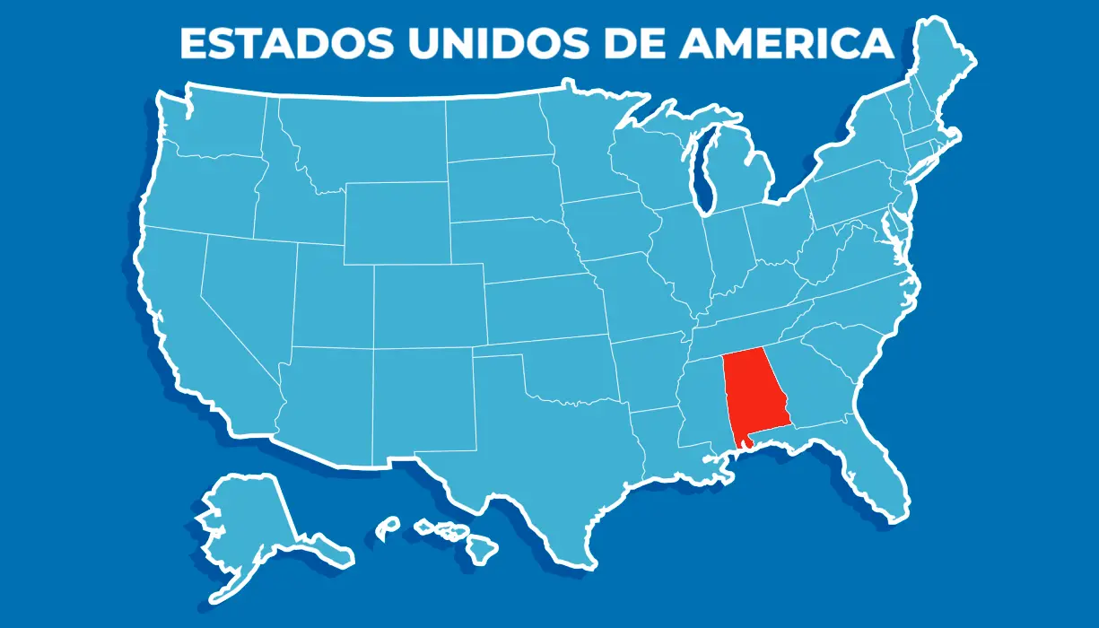 Mapa de Estados Unidos con Alabama resaltado como el estado 22