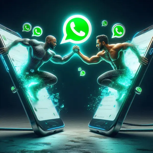Dos hombres emergen de teléfonos enfrentados con el logo de WhatsApp en el centro, simbolizando conflictos digitales.