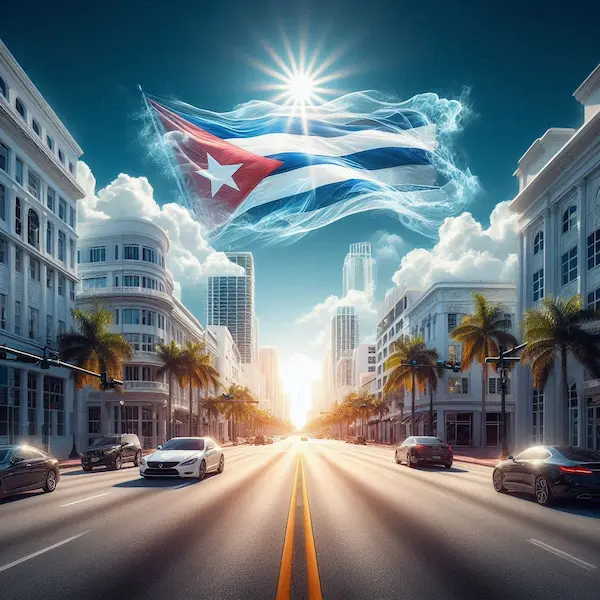 Calle urbana con bandera cubana proyectada en el cielo. El camino puede ser largo, pero la raíz siempre viaja contigo