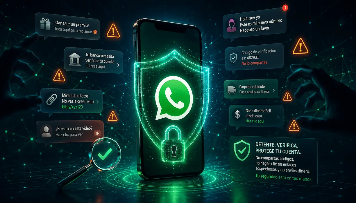 Teléfono con ícono de WhatsApp protegido por un escudo digital frente a mensajes sospechosos y alertas de estafa.