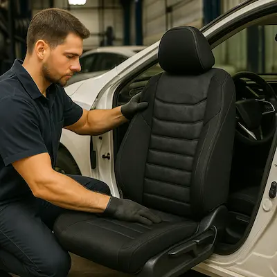 Instalando tapicería en asiento de auto
