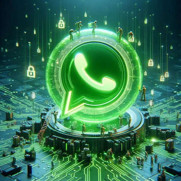 Logo de WhatsApp sobre una base tecnológica protegida con candados, simbolizando la seguridad digital.