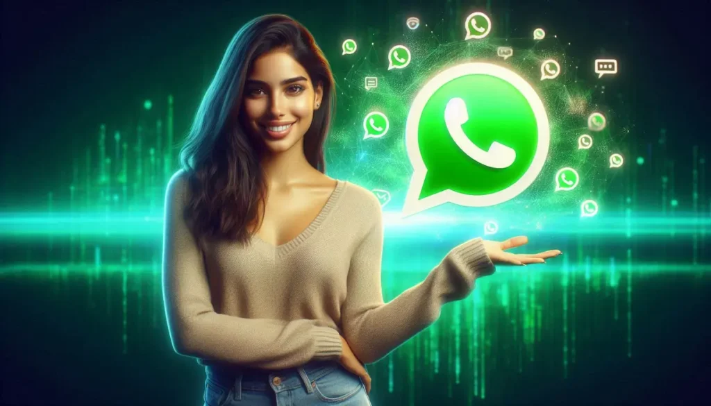 Mujer sonriente sostiene un logo de WhatsApp rodeado de íconos, simbolizando confianza digital.