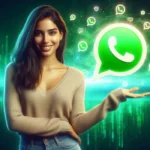 Mujer sonriente sostiene un logo de WhatsApp rodeado de íconos, simbolizando confianza digital.