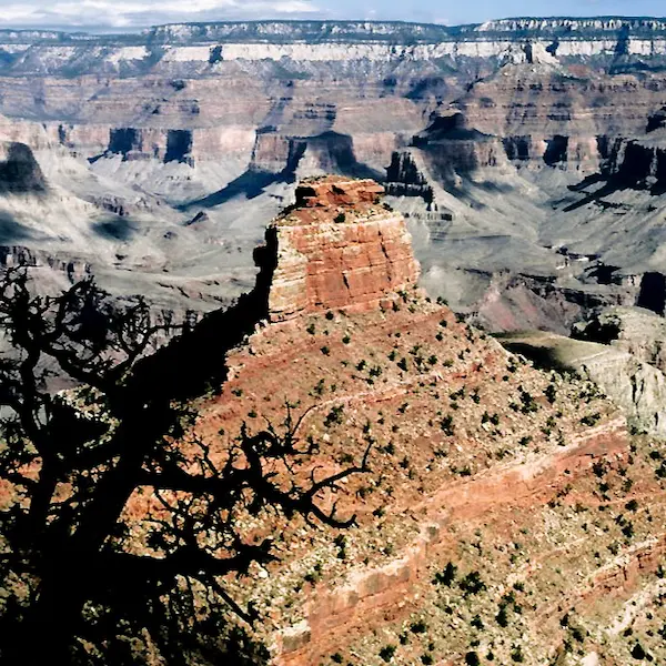 Vista del Gran Cañón con formaciones rocosas y paredes escarpadas.