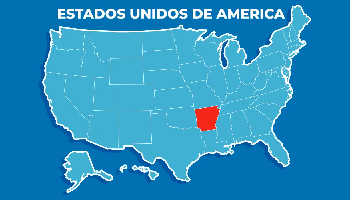 Mapa de Estados Unidos con Arkansas resaltado como el estado 25