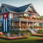 Casa grande con bandera cubana y estadounidense en EE.UU., símbolo del sueño de tener casa propia como inmigrante.