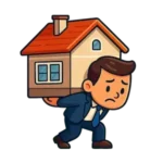 Hombre agobiado cargando una casa sobre la espalda, simbolizando el peso de una hipoteca o deuda por la compra de vivienda.