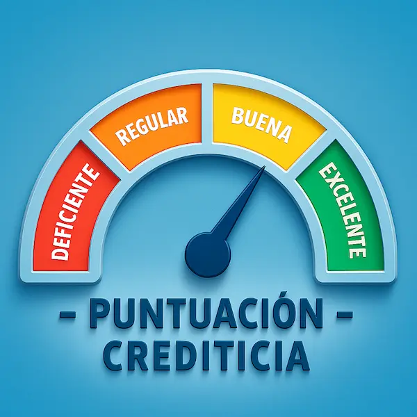 Medidor semicircular con los niveles de puntaje crediticio: deficiente, regular, bueno y excelente.