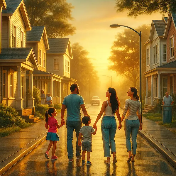 Familia caminando por un vecindario tranquilo en Estados Unidos, admirando las casas al atardecer.