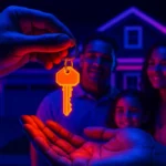 Realtor entrega las llaves de una casa nueva a una familia hispana en EE.UU., iluminada con efectos neón.