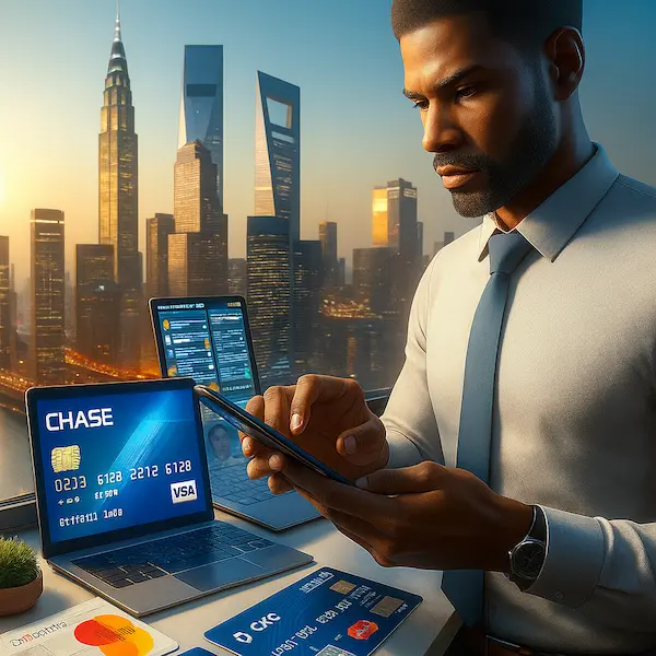 Hombre afrodescendiente revisa su puntaje de crédito y opciones financieras en un entorno urbano moderno.