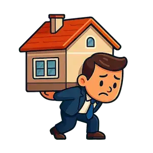 Hombre agobiado cargando una casa sobre la espalda, simbolizando el peso de una hipoteca o deuda por la compra de vivienda.