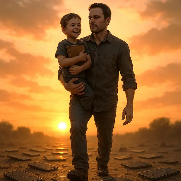 Padre camina con su hijo en brazos al amanecer, mientras el niño sostiene un libro y el suelo está cubierto de pantallas apagadas; símbolo del triunfo de la familia y la educación sobre el exceso tecnológico.