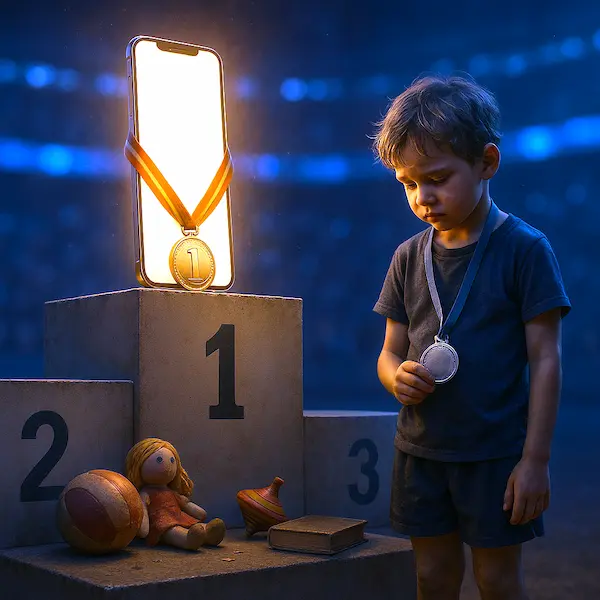 Teléfono con medalla de oro sobre el podio, un niño con medalla de plata baja la mirada, y sus juguetes tradicionales quedan olvidados; metáfora del dominio de la tecnología sobre la infancia.