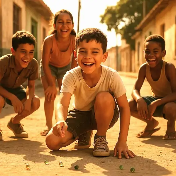 Niños jugando canicas bajo el sol, riendo y disfrutando juntos en una calle del barrio; símbolo de la infancia libre y sin pantallas.