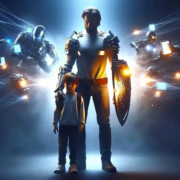 Padre con armadura simbólica y escudo luminoso protege a su hijo del ataque de dispositivos digitales, metáfora de los padres que enfrentan la era tecnológica para cuidar a sus hijos.