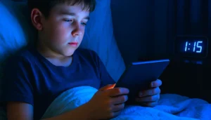 Niño acostado de madrugada frente a una tablet, iluminado por luz azul y con un reloj marcando la 1:15 a.m., símbolo del exceso de pantallas en la infancia.