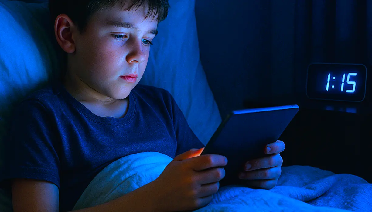 Niño acostado de madrugada frente a una tablet, iluminado por luz azul y con un reloj marcando la 1:15 a.m., símbolo del exceso de pantallas en la infancia.