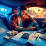 Un hombre joven con expresión pensativa sentado en el asiento del conductor de un vehículo, rodeado de formularios fiscales, calculadoras y fajos de billetes sobre el tablero y el asiento del pasajero. Al fondo se observa un letrero de Uber y un atardecer urbano, simbolizando la gestión financiera de un trabajador independiente