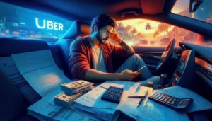 Un hombre joven con expresión pensativa sentado en el asiento del conductor de un vehículo, rodeado de formularios fiscales, calculadoras y fajos de billetes sobre el tablero y el asiento del pasajero. Al fondo se observa un letrero de Uber y un atardecer urbano, simbolizando la gestión financiera de un trabajador independiente