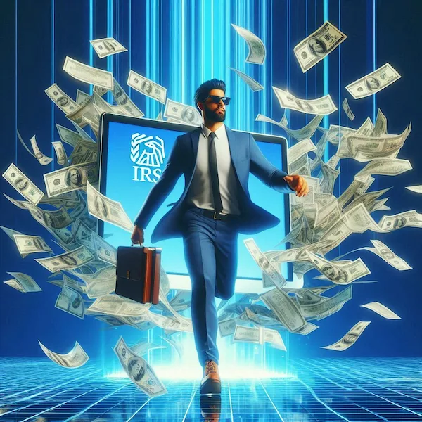 Hombre cubano con traje y gafas de sol caminando con confianza frente a una pantalla con el logo del IRS, rodeado de billetes de dólar flotando en un fondo digital azul vibrante, simbolizando éxito y control financiero en EE.UU.