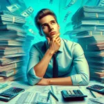 Persona pensativa y dudosa sentada en un escritorio rodeada de pilas de documentos y calculadoras, con billetes flotando en el fondo azul vibrante, simbolizando la complejidad y dudas sobre la declaración de impuestos.