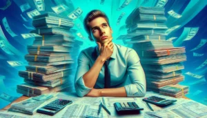 Persona pensativa y dudosa sentada en un escritorio rodeada de pilas de documentos y calculadoras, con billetes flotando en el fondo azul vibrante, simbolizando la complejidad y dudas sobre la declaración de impuestos.