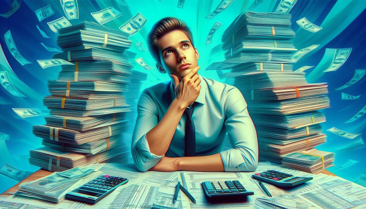 Persona pensativa y dudosa sentada en un escritorio rodeada de pilas de documentos y calculadoras, con billetes flotando en el fondo azul vibrante, simbolizando la complejidad y dudas sobre la declaración de impuestos.