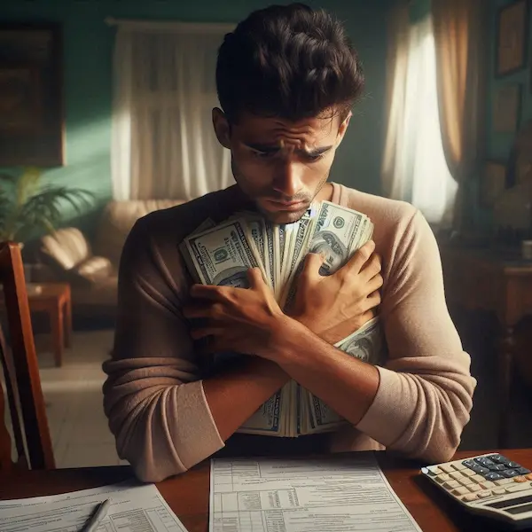 Imagen hiperrealista de un joven con expresión de angustia y preocupación, abrazando fuertemente un fajo de billetes de dólares contra su pecho. Está sentado frente a una mesa con formularios de impuestos y una calculadora en un entorno doméstico, simbolizando el miedo y la resistencia a pagar impuestos.