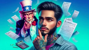 Joven hispano pensativo rodeado de formularios de impuestos del IRS flotando, con el Tío Sam señalándolo al fondo, calculadora abajo, sobre fondo azul-verde vibrante