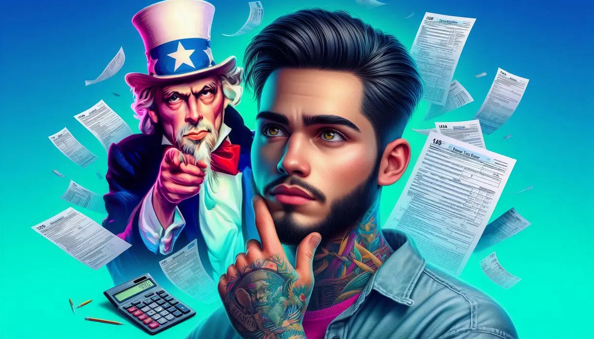 Joven hispano pensativo rodeado de formularios de impuestos del IRS flotando, con el Tío Sam señalándolo al fondo, calculadora abajo, sobre fondo azul-verde vibrante