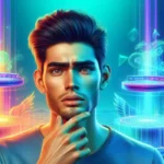 Ilustración digital hiperrealista de un joven hombre cubano con expresión pensativa y mano en la barbilla. Está rodeado de elementos tecnológicos brillantes y hologramas circulares en tonos azul neón y naranja que muestran símbolos de dólar y gráficos financieros, representando la toma de decisiones sobre impuestos y finanzas en Estados Unidos.