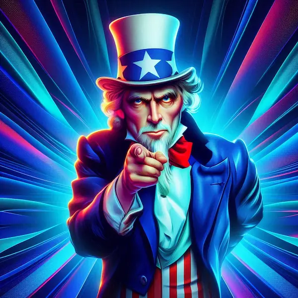 Tío Sam apuntando directamente al espectador con expresión seria sobre fondo de rayos radiantes en tonos azul, turquesa, fucsia y naranja