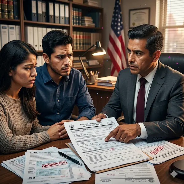 Pareja hispana preocupada frente a un abogado de inmigración que señala un formulario I-864 incompleto, con declaraciones de impuestos y sello INCOMPLETE sobre la mesa.