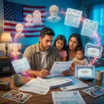 Familia hispana joven revisando formularios del IRS en casa, con íconos de dependientes y tarjeta de Seguro Social flotando alrededor, bandera americana al fondo.