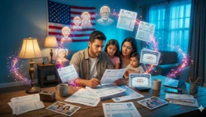 Familia hispana joven revisando formularios del IRS en casa, con íconos de dependientes y tarjeta de Seguro Social flotando alrededor, bandera americana al fondo.