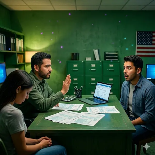 Preparador de impuestos hispano haciendo gesto de alto a una pareja joven en su oficina, con el texto "Tu esposa no es tu dependiente" sobre la escena.