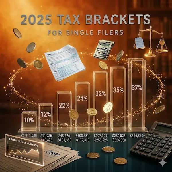 Infografía de los tramos de impuestos (Tax Brackets) 2025 para contribuyentes solteros en EE. UU., con porcentajes del 10% al 37% y sus respectivos niveles de ingresos.
