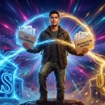 Joven hispano de pie entre los logos del IRS y USCIS, sosteniendo documentos de impuestos y de inmigración, con rayos de luz azul y dorado a su alrededor.