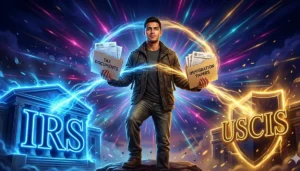 Joven hispano de pie entre los logos del IRS y USCIS, sosteniendo documentos de impuestos y de inmigración, con rayos de luz azul y dorado a su alrededor.