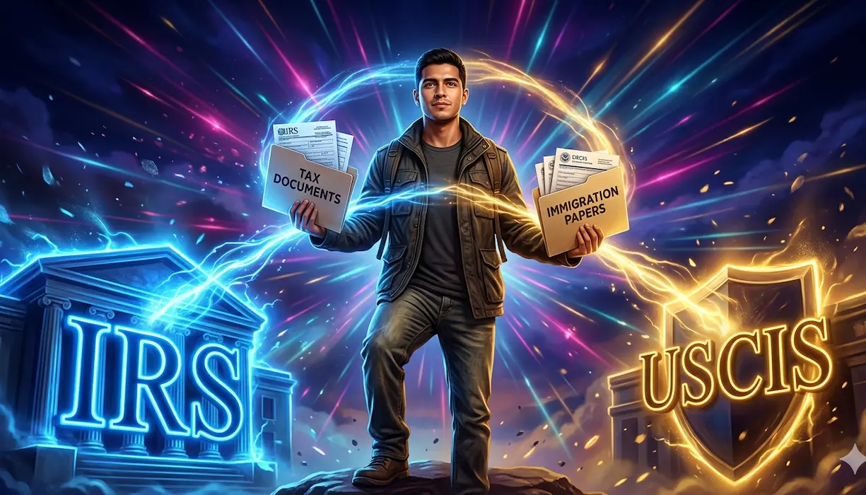 Joven hispano de pie entre los logos del IRS y USCIS, sosteniendo documentos de impuestos y de inmigración, con rayos de luz azul y dorado a su alrededor.
