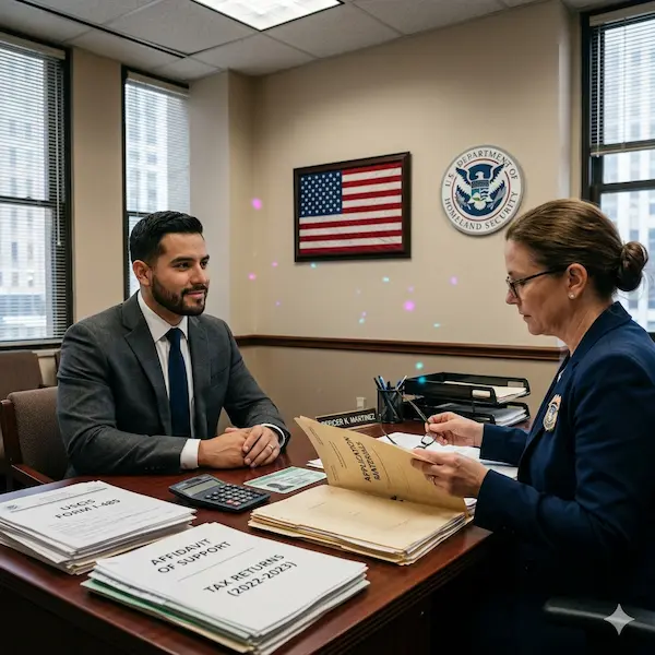 Joven hispano bien vestido y sereno en una entrevista de USCIS, frente a una oficial revisando documentos que incluyen declaraciones de impuestos y el formulario I-485.