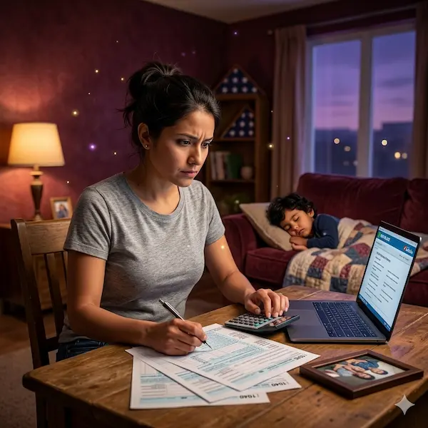 Mujer hispana sola revisando formularios del IRS de madrugada, con su hijo dormido en el sofá detrás y una foto familiar sobre la mesa.