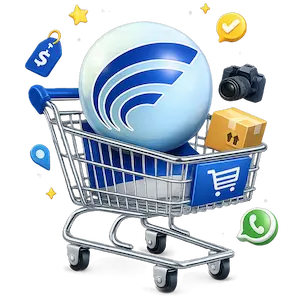 LLogo esférico de cubafuera.com dentro de un carrito de compras, representando el consejo “Publica claro, vende mejor”.