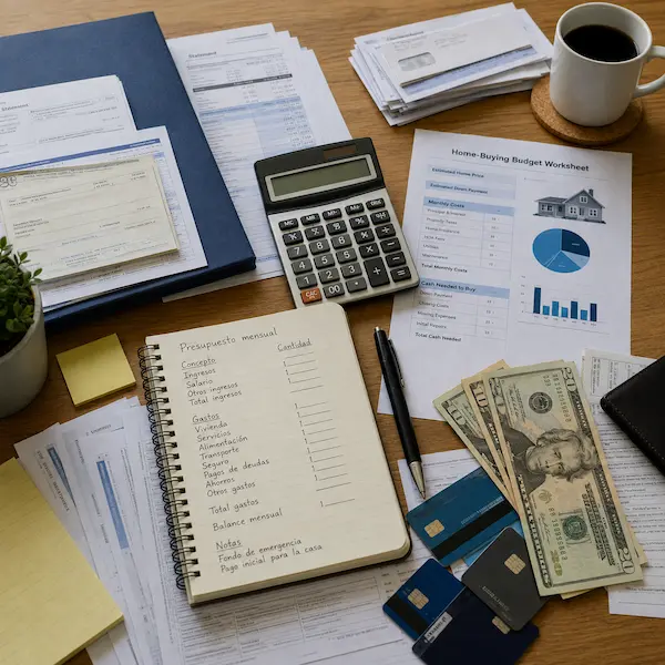 Documentos de finanzas, presupuesto mensual y requisitos para comprar una casa en USA.