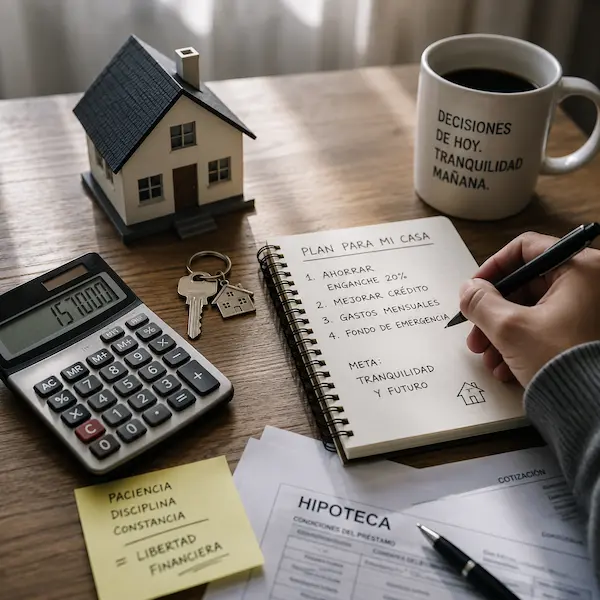 Mesa con calculadora, llaves, libreta de planificación y documentos hipotecarios para comparar costos antes de comprar una casa.