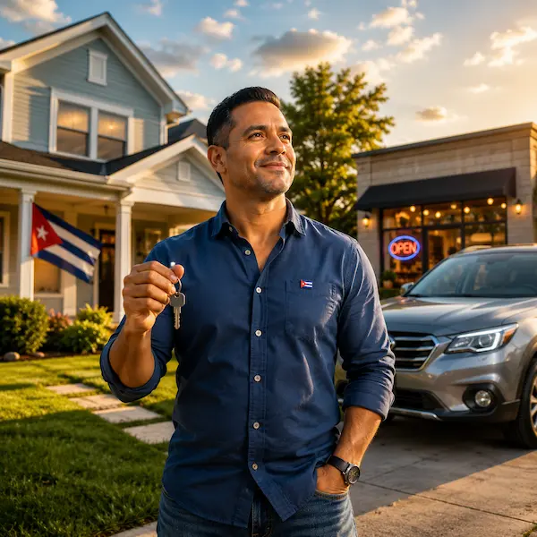 Hombre sosteniendo las llaves de su nueva casa frente a la vivienda, con un automóvil estacionado y una bandera cubana en el jardín.