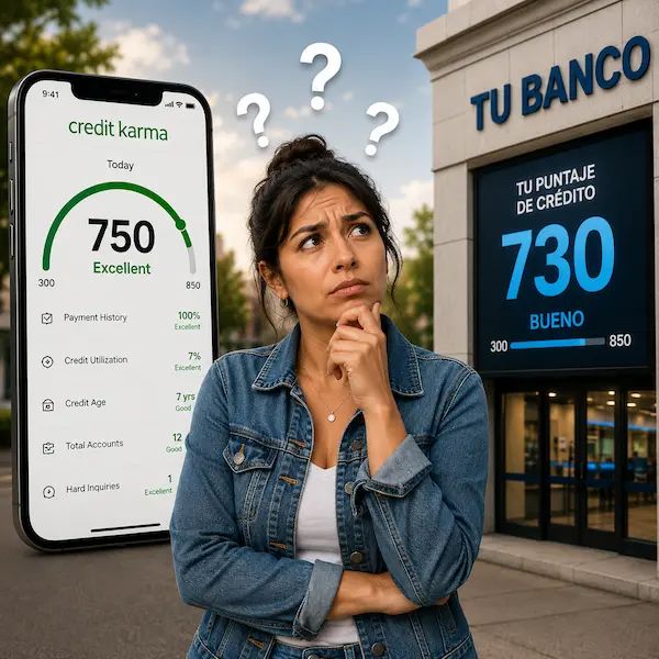 Joven observando con incertidumbre un teléfono que muestra un credit score de 750 y un banco que indica una puntuación de 730.