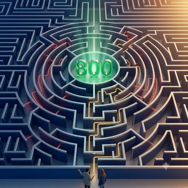 Laberinto tridimensional visto desde arriba que representa los errores y mitos del credit score. Un único camino iluminado en dorado conduce al número 800 en el centro, mientras varias rutas equivocadas terminan en callejones sin salida. Dos personas observan el recorrido antes de entrar.
